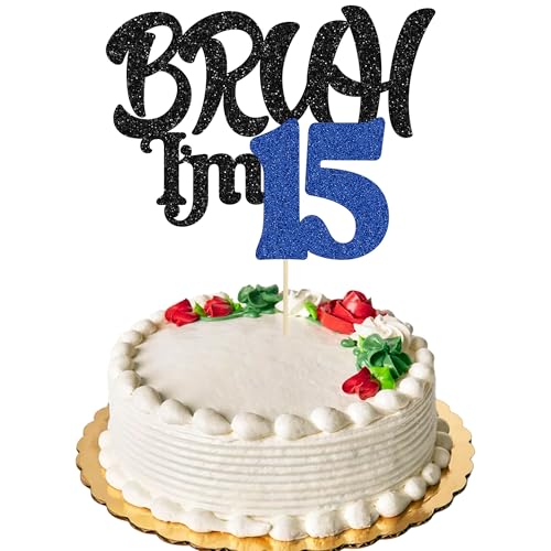 Ephlyn 1 x Bruh I'm 15 Tortenaufsatz mit Glitzer, "Happy 15th Birthday", Bro I'm 15 It's My 15th Birthday, Kuchendekoration für Cheers to 15 Jahre, Party-Dekorationen, Zubehör, Schwarz / Blau Ephlyn 1 x Bruh I'm 15 Tortenaufsatz mit Glitzer, "Happy 15th Birthday", Bro I'm 15 It's My 15th Birthday, Kuchendekoration für Cheers to 15 Jahre, Party-Dekorationen, Zubehör, Schwarz / Blau von Ephlyn