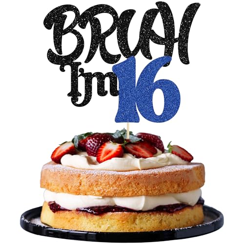 Ephlyn 1 x Bruh I'm 16 Tortenaufsatz mit Glitzer, Aufschrift "Happy 16th Birthday", Bro I'm 16 It's My 16th Birthday, Kuchendekoration für Cheers to 16 Jahre, Party-Dekorationen, Zubehör, Schwarz Ephlyn 1 x Bruh I'm 16 Tortenaufsatz mit Glitzer, Aufschrift "Happy 16th Birthday", Bro I'm 16 It's My 16th Birthday, Kuchendekoration für Cheers to 16 Jahre, Party-Dekorationen, Zubehör, Schwarz von Ephlyn