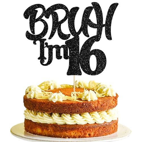 Ephlyn 1 x Bruh I'm 16 Tortenaufsatz mit Glitzer, Aufschrift "Happy 16th Birthday", Bro I'm 16 It's My 16th Birthday, Kuchendekoration für Cheers to 16 Jahre, Party-Dekorationen, Zubehör, Schwarz Ephlyn 1 x Bruh I'm 16 Tortenaufsatz mit Glitzer, Aufschrift "Happy 16th Birthday", Bro I'm 16 It's My 16th Birthday, Kuchendekoration für Cheers to 16 Jahre, Party-Dekorationen, Zubehör, Schwarz von Ephlyn