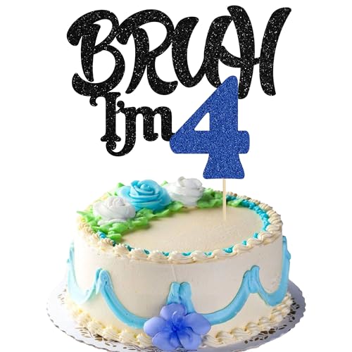 Ephlyn 1 x Tortenaufsatz Bruh I'm 4, glitzernd, "Happy 4th Birthday", Kuchendekoration für Cheers bis 4 Jahre, Party-Dekorationen, Zubehör, Schwarz / Blau Ephlyn 1 x Tortenaufsatz Bruh I'm 4, glitzernd, "Happy 4th Birthday", Kuchendekoration für Cheers bis 4 Jahre, Party-Dekorationen, Zubehör, Schwarz / Blau von Ephlyn