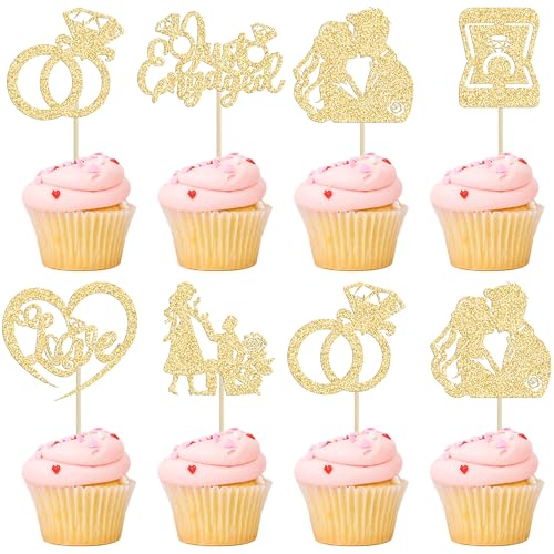 Ephlyn Cupcake-Topper "Just Engaged", Glitzerring, Liebesantrag, Verlobung, Cupcake-Pick-Dekorationen für Brautparty, Verlobung, Hochzeit, Dekoration, Partyzubehör, Gold, 24 Stück Ephlyn Cupcake-Topper "Just Engaged", Glitzerring, Liebesantrag, Verlobung, Cupcake-Pick-Dekorationen für Brautparty, Verlobung, Hochzeit, Dekoration, Partyzubehör, Gold, 24 Stück von Ephlyn