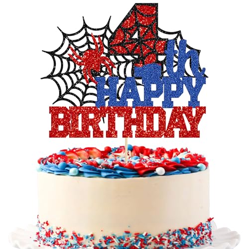 Ephlyn Tortenaufsatz "Happy 4th Birthday", Glitzer-Spinnen-Motiv, Kuchendekoration für Männer, Jungen, Kinder, Prost bis 4 Jahre, Partyzubehör, 1 Stück Ephlyn Tortenaufsatz "Happy 4th Birthday", Glitzer-Spinnen-Motiv, Kuchendekoration für Männer, Jungen, Kinder, Prost bis 4 Jahre, Partyzubehör, 1 Stück von Ephlyn