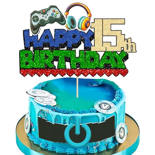 Ephlyn Tortenaufsatz zum 15. Geburtstag, Motiv: Videospiel "Happy 15th Birthday", Glitzer-Videospiel, Kuchen-Picker, Spiel auf Controllern, 15 Jahre Kuchendekoration für Happy 15th Birthday, Ephlyn Tortenaufsatz zum 15. Geburtstag, Motiv: Videospiel "Happy 15th Birthday", Glitzer-Videospiel, Kuchen-Picker, Spiel auf Controllern, 15 Jahre Kuchendekoration für Happy 15th Birthday, von Ephlyn