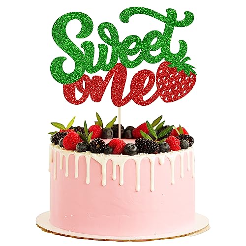 Sweet One Cupcake-Topper mit Glitzer, Erdbeere, für Obst, Babyparty, 1. Geburtstag, Beere, süße Party-Kuchendekoration, Grün, 1 Stück von Ephlyn