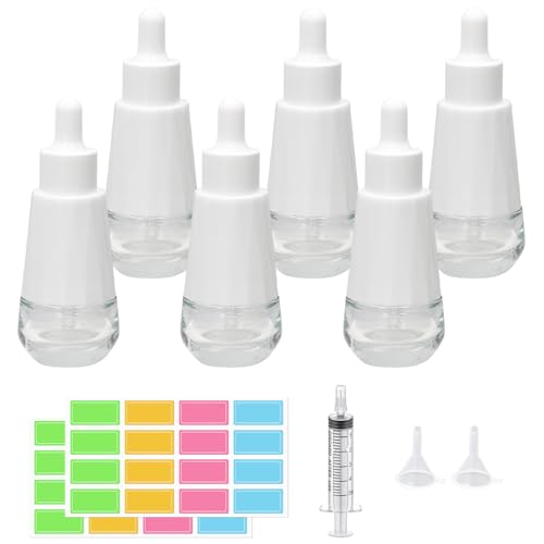 Episkey 6 Stück Glasflasche Pipettenflasche 30ml Transparent Tropfflasche Birnenform Apothekerflasche Nachfüllbarer Kleiner Probenfläschchen für Ätherische Öle Parfümöle (Transparent, 30ml) von Episkey