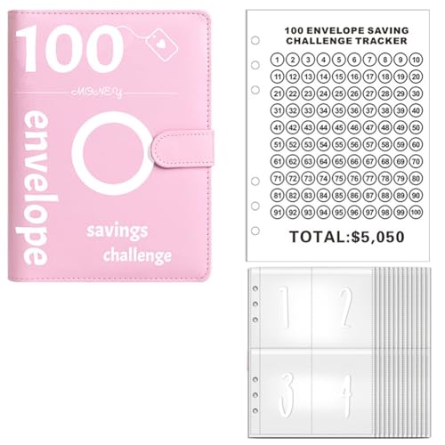 Epodmalx Geldspar-Challenge mit 100 Umschlägen, Challenge-Ordner mit 100 Umschlägen, Geldsparordner, Haushaltsbuch (Rosa) von Epodmalx