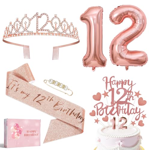 12 Geburtstag Mädchen Deko, Happy Birthday Krone und Schärpe, 12. Luftballons Geburtstag Mädchen Rosegold, kerze 12 geburtstag mädchen, 12. geschenk für Freundin von Epokus