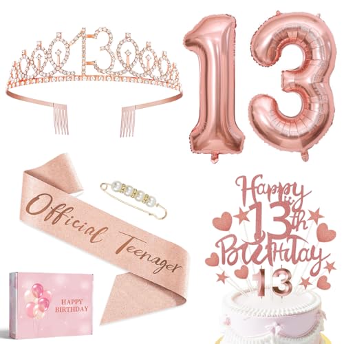 13 Geburtstag Mädchen Deko, Happy Birthday Krone und Schärpe, 13. Luftballons Geburtstag Mädchen Rosegold, kerze 13 geburtstag mädchen, 13. geschenk für Freundin von Epokus