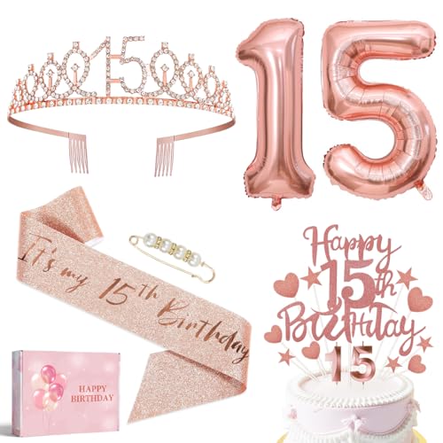 15 Geburtstag Mädchen Deko, Happy Birthday Krone und Schärpe, 15. Luftballons Geburtstag Mädchen Rosegold, kerze 15 geburtstag mädchen, 15. geschenk für Freundin von Epokus