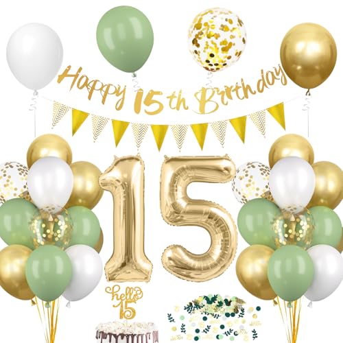 15. Geburtstagsdeko Salbeigrüne, Deko 15 Geburtstags Junge Mädchen, 15er Geburtstag Luftballon mit Girlande, Geburtstags Tortendeko Grün Gold, 15 Jahre Geburtstag Avocado Grüne Konfetti Party Ballon von Epokus