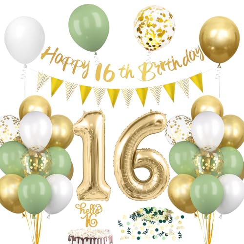 16. Geburtstagsdeko Salbeigrüne, Deko 16 Geburtstags Junge Mädchen, 16er Geburtstag Luftballon mit Girlande, Geburtstags Tortendeko Grün Gold, 16 Jahre Geburtstag Avocado Grüne Konfetti Party Ballon von Epokus