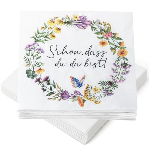 Servietten Hochzeit, 30 Stück Blumenkranz Servietten für Taufe, Servietten Schön Dass Du Da Bist, Bienen Frühling Papierservietten für Kommunion Konfirmation Geburtstag Gartenparty Ostern, 33 x 33 cm von Epokus
