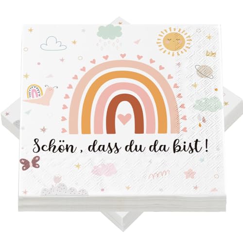 Epokus 40 Stück Servietten 'Schön Dass Du Da Bist', Regenbogen, 3-lagig, Papierservietten für Geburtstage, Taufe, Hochzeit von Epokus