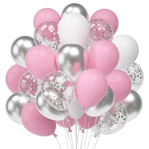 60 Luftballons Rosa Weiß Silber, 12in Silber Konfetti Latex Ballons, Pastell Rosa Weiß Luftballons, Metallic Silber Helium Balloons für Geburtstag Valentinstag Hochzeit Graduierung Feier Party von Epokus