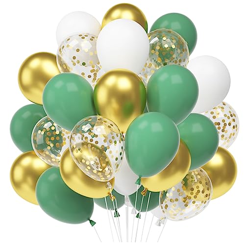 60 Luftballons Salbei Grün Gold Weiß, 12” Olive Grün Latex Ballons, Retro Grün Luftballons, Metallic Gold Konfetti Helium Balloons für Kinder Geburtstag Babyparty Hochzeit Graduierung Feier Deko von Epokus