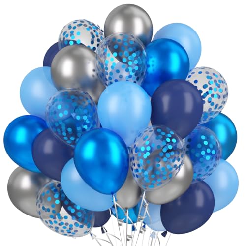 60 Stück Blau Silber Luftballons, 12 Zoll Silber Dunkel Marine Blau Perlblau Party Ballons mit Metallic Silber Blau Konfetti Helium Latexballons für Geburtstag Hochzeit Verlobung Babyparty Dekoration von Epokus