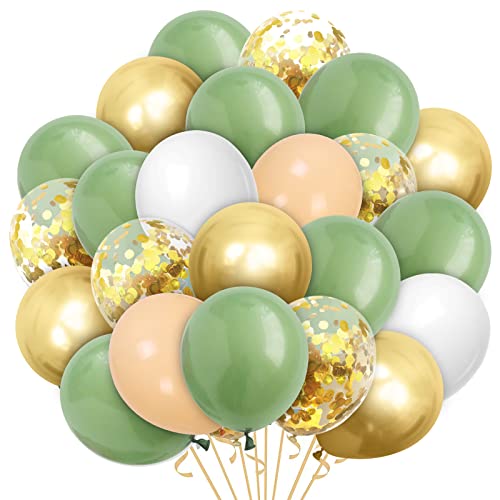 60 Stück Luftballons Retro Grün Weiß, 12” Gold Konfetti Latex Ballons, Metallic Gold Luftballons, Avocado-Grün Helium Balloons für Kinder Geburtstag Babyparty Hochzeit Graduierung Feier Dekorationen von Epokus