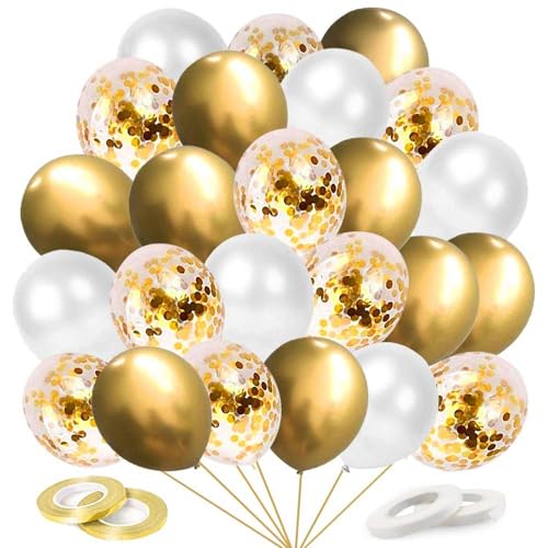 60 Stück Silvester Deko Luftballons Goldene, Helium Gold Weiß Ballons,Neujahr Silvesterdeko Golden Latex Ballons mit Bändern für Valentinstag Ramadan Kinder Geburtstag Hochzeit Party Dekoration von Epokus