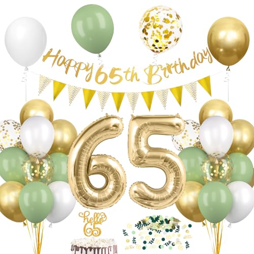 65. Geburtstagsdeko Salbeigrüne, Deko 65 Geburtstags Frau Mann, 65er Geburtstag Luftballon mit Girlande, Geburtstags Tortendeko Grün Gold, 65 Jahre Geburtstag Avocado Grüne Konfetti Party Ballon von Epokus