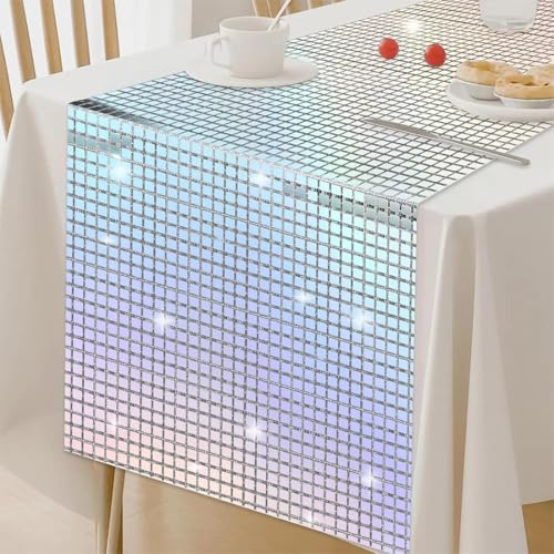 Disco Party Tischläufer, 30x275cm Discokugel Tischdecke, Silber Table Runner mit Farben Glitter, Disco Party deko, 70er Disco Thema deko, Tisch läufer für Geburtstag Tanzparty（Schillernde Farben） von Epokus