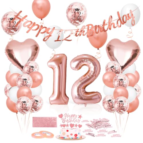 Luftballon 12. Geburtstag Roségold, Geburtstagsdeko 12 Jahr, Ballon 12. Geburtstag, Riesen Folienballon Zahl 12, Happy Birthday Folienballon 12, Ballon 12 Deko zum Geburtstag Frauen von Epokus