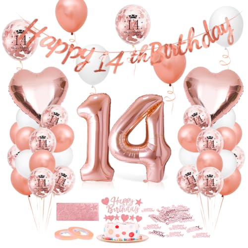 Luftballon 14. Geburtstag Roségold, Geburtstagsdeko 14 Jahr, Ballon 14. Geburtstag, Riesen Folienballon Zahl 14, Happy Birthday Folienballon 14, Ballon 14 Deko zum Geburtstag Frauen von Epokus