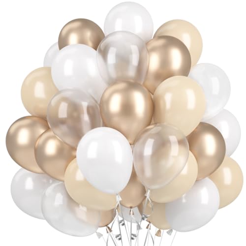 60 Stück Luftballons Beige Weiß, Helium Luftballons Creme Weißsand Klar, Metallic Champagner Gold Latex Ballons, 12 Zoll Nude Partyballon Deko fur Boho Hochzeit Geburtstag Baby Shower Babydusche von Epokus