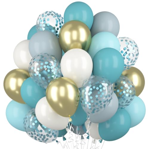 Luftballons Blau, 60 Stück 12 Zoll Türkis Beige Creme Latex Party Ballons mit Metallic Gold Blau Konfetti Helium Luftballon Blaugrün Turquoise Weiß Ballon Set für Geburtstag Babyparty Hochzeit Deko von Epokus