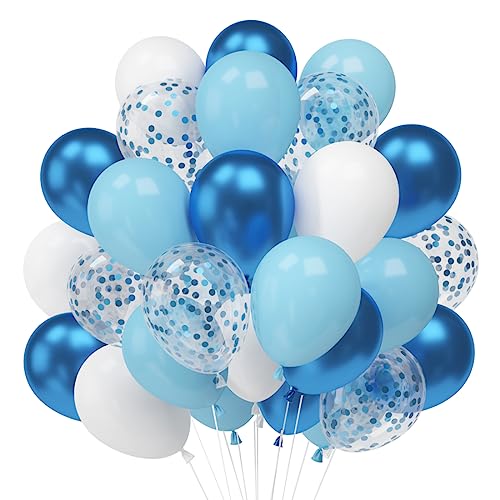 Luftballons Blau Weiss, Metallic Blau Helium Ballon, 60Pcs Blaue Konfetti Ballons, 12 Zoll Hellblau Weiß Latex Party Ballons für Kinder Geburtstag Hochzeit Taufe Baby Shower Deko von Epokus