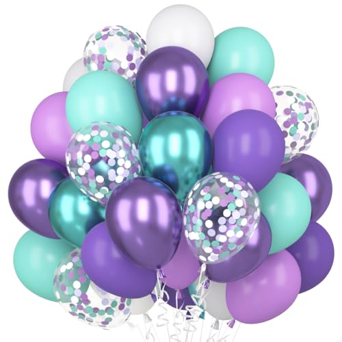 Luftballons Lila Türkis, 60 Stück Violett Konfetti Ballons, Metallic Lila Grün Helium Ballon, Macaron Lila Matt Blaugrün Weiß Latex Ballon für Meerjungfrau Geburtstag Hochzeit Mädchen Babyparty Party von Epokus