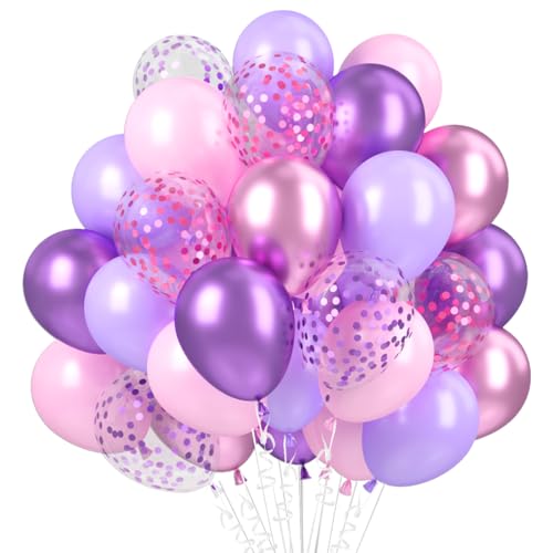 Rosa Lila Ballons, 60 Stück Pastell Lila Rosa Luftballons, 12 Zoll Violett Rosa Metallic Konfetti Latexballon, Macaron Latex Ballons für Mädchen Frau Geburtstag Hochzeit Prinzessinnen Brautparty Deko von Epokus