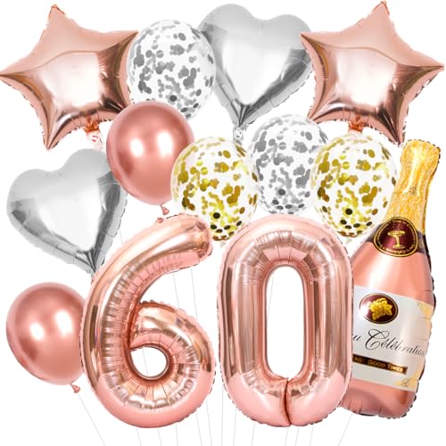 Deko 60. Geburtstag Frauen Roségold, 60. Geburtstag Deko Set, Rosegold Zahlen Luftballon 60 XXL, Helium Folienballon Konfetti Luftballon für Frau 60 Jahre Party Deko von Epokus