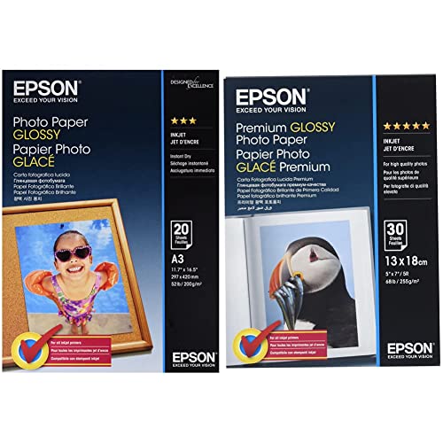 EPSON Foto Papier glänzend A3 20 Blatt 1er-Pack & Premium glossy photo paper inkjet 255g/m2 130x180mm 30 Blatt Pack von Epson
