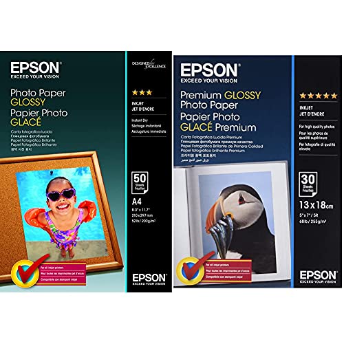EPSON Foto Papier glänzend A4 50 Blatt 1er-Pack & Premium glossy photo paper inkjet 255g/m2 130x180mm 30 Blatt Pack von Epson