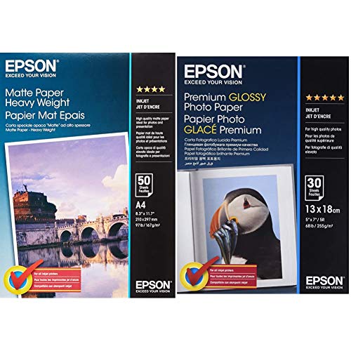 Epson C13S041256 Matte Heavyweight Papier Inkjet 167 g / m2 A4 One-sided, 50 Blatt Pack & Premium glossy photo paper inkjet 255g/m2 130x180mm 30 Blatt Pack von Epson