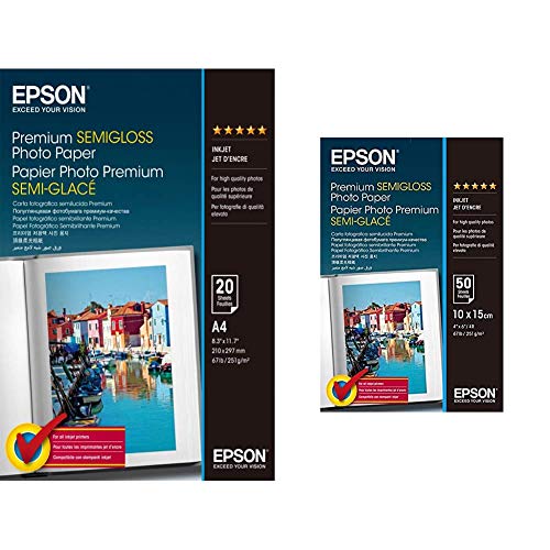 Epson C13S041332 Premium Semi Gloss Photo papier Inkjet 251g/m2 A4 20 Blatt Pack & C13S041765 Premium semi gloss Photopapier Inkjet 251g/m2 100 x 150 mm 50 Blatt Pack von Epson