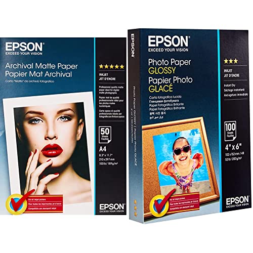Epson C13S041342 Matte Archival Papier Inkjet 189g/m2 A4 50 Blatt Pack & Foto Papier glänzend 100x150mm 100 Blatt 1er-Pack von Epson