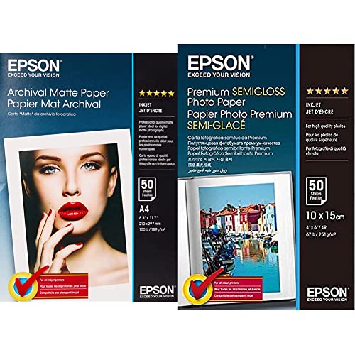 Epson C13S041342 Matte Archival Papier Inkjet 189g/m2 A4 50 Blatt Pack & Fotopapier Premium Semigloss 10x15 50Blatt S041765 von Epson