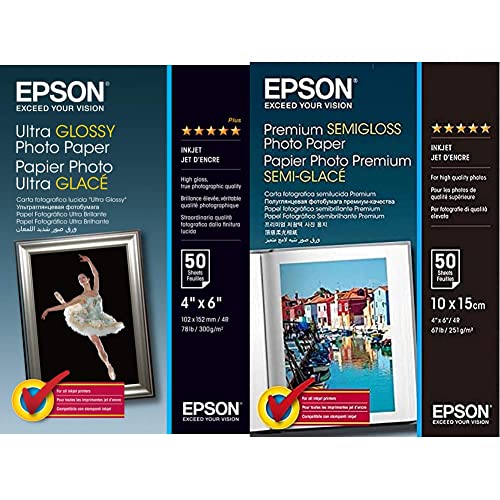 Epson C13S041943 Ultra Glossy Photopapier Inkjet 300g/m2 100 x 150 mm 50 Blatt Pack & Fotopapier Premium Semigloss 10x15 50Blatt S041765 von Epson