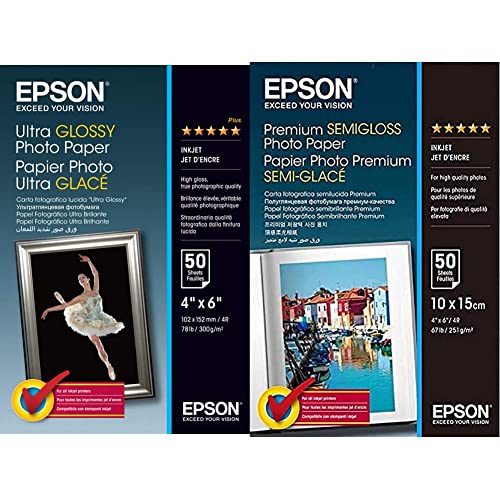 Epson C13S041943 Ultra Glossy Photopapier Inkjet 300g/m2 100 x 150 mm 50 Blatt Pack & Fotopapier Premium Semigloss 10x15 50Blatt S041765 Epson C13S041943 Ultra Glossy Photopapier Inkjet 300g/m2 100 x 150 mm 50 Blatt Pack & Fotopapier Premium Semigloss 10x15 50Blatt S041765 von Epson