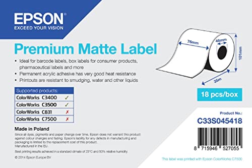Epson C33S045418 - Premium Etiketten Matt 1 Rolle - Premium Etiketten Matt, endlos Rolle: 76mm x 35m, für Color Works C3400, C3500 von Epson