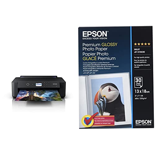 Epson Expression Photo HD XP-15000 DIN A3 Tintenstrahldrucker (nur Druck, WiFi, Ethernet, Duplex, 6,1 cm Display, 6 Farben) schwarz & Premium Glossy Photo Paper Inkjet 255g/m2 130x180mm 30 Blatt Pack von Epson