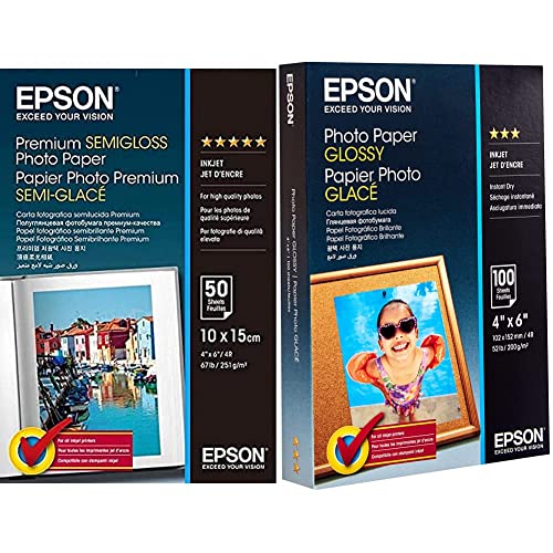 Epson Fotopapier Premium Semigloss 10x15 50Blatt S041765 & Foto Papier glänzend 100x150mm 100 Blatt 1er-Pack von Epson