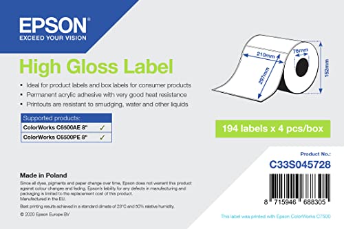 Epson High Gloss Label – Die-Cut Roll: 210 mm x 297 mm, 194 Labels von Epson