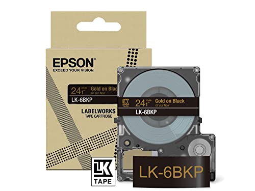 Epson Etikettenkassette, Metallicband LK-6BKP gold auf schwarz, langlebiges Beschriftungsband für Epson LabelWorks Etikettendrucker, wasser- & verschleißfest, 9 m x 24 mm, Klein von Epson