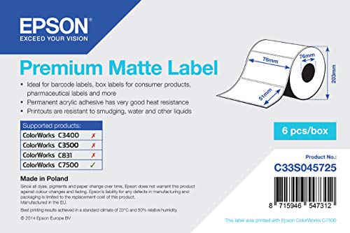 Epson Premium matte 76 mm x 51 mm, 2310 – Drucker-Etiketten 2310, weiß, matt, 76 mm x 51 mm, Polen, Epson ColorWorks C7500) von Epson