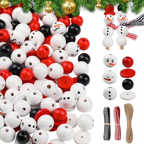Epunk 103-teiliges Weihnachts-Holzperlen-Set, Schneemann, Bastelperlen mit 100 Perlen + 3 Kordeln (20 mm/14 mm, 4 mm Loch) – DIY UK festliche Dekoration von Epunk
