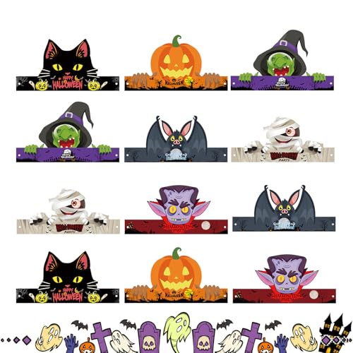 Epunk Halloween-Papierhüte für Kinder – 6 Stile Fledermaus-/Hexen-/Kürbis-Partyhüte mit Gummiband, 30 cm elastischer Verschluss, gruselige Kinderdekorationen für Süßes oder Saures, 12 Stück Epunk Halloween-Papierhüte für Kinder – 6 Stile Fledermaus-/Hexen-/Kürbis-Partyhüte mit Gummiband, 30 cm elastischer Verschluss, gruselige Kinderdekorationen für Süßes oder Saures, 12 Stück von Epunk