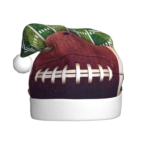 ErKaL American Football Feld und Ball bedruckte Weihnachtsmannmütze, Weihnachtsmütze für Erwachsene, flauschige Weihnachtsmütze für Damen und Herren, Urlaubsparty von ErKaL