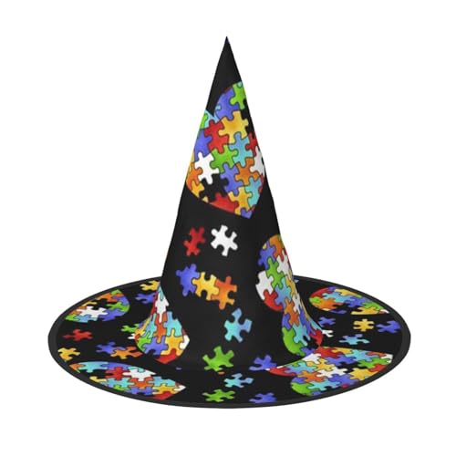 ErKaL Autismus-Bewusstseinspuzzleteile, Herz, bedruckt, Halloween-Hexenhut, Hexenhüte für Erwachsene, Hexen-Zauberer, Cosplay-Zubehör für Urlaub, Halloween-Party von ErKaL